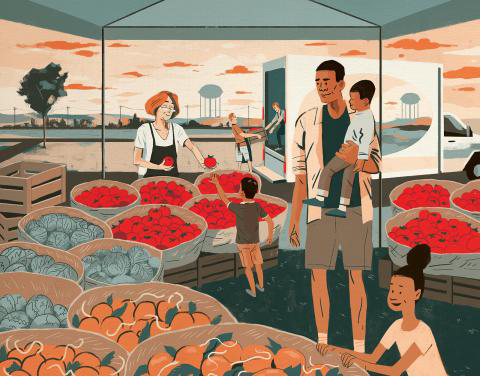 A vibrant stylized image of people shopping in a market.