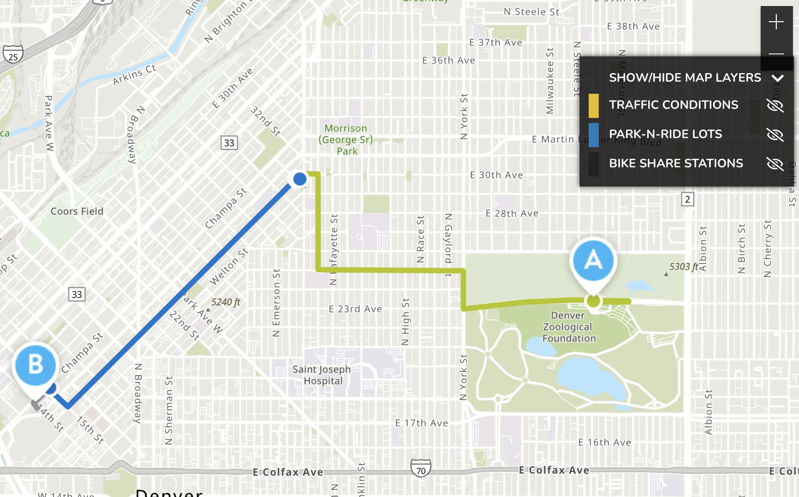 Map of Denver with a route planned