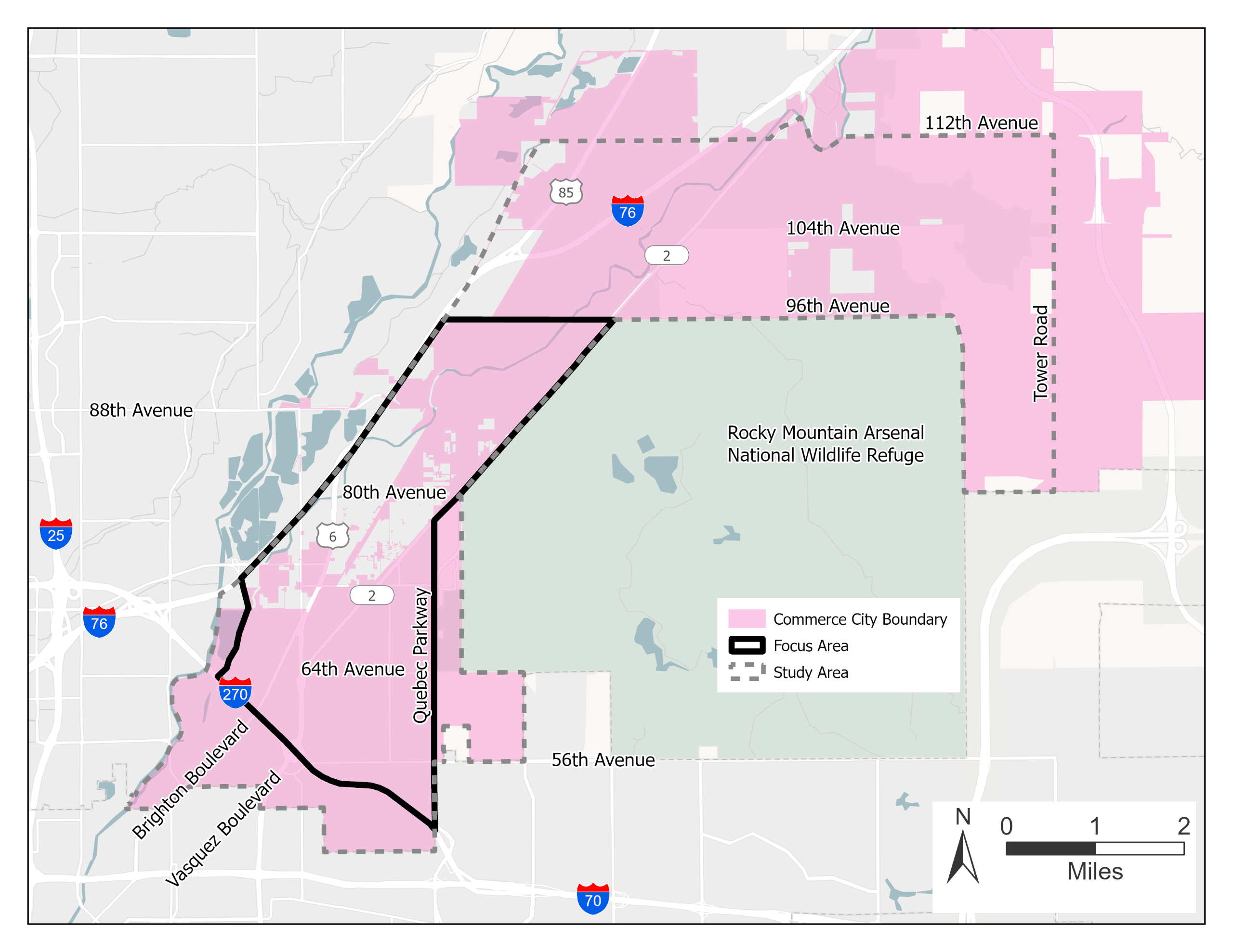 A map outlining Commerce City in pink and using solid black line to promote specific areas.