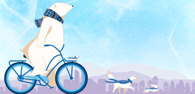 An illustration of a polar bear wearing a colorful scarf while riding a bicycle, accompanied by a round white bird, a white arctic fox and a white arctic hare, all wearing blue scarves.