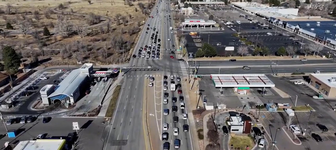 An aerial view of the intersection at Parker Road and Quincy Avenue in Aurora.