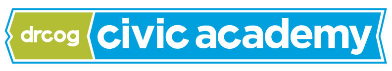 The logo to drcog civic academy written in white letters with drcog on yellow-green background and civic academy in a teal background.
