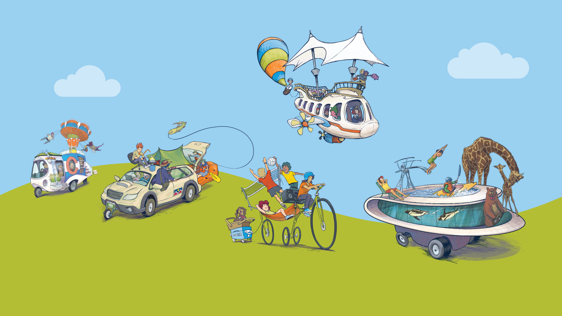 An imaginative illustration of sustainable transportation options including a shared bike, a carpool, and an airbus.
