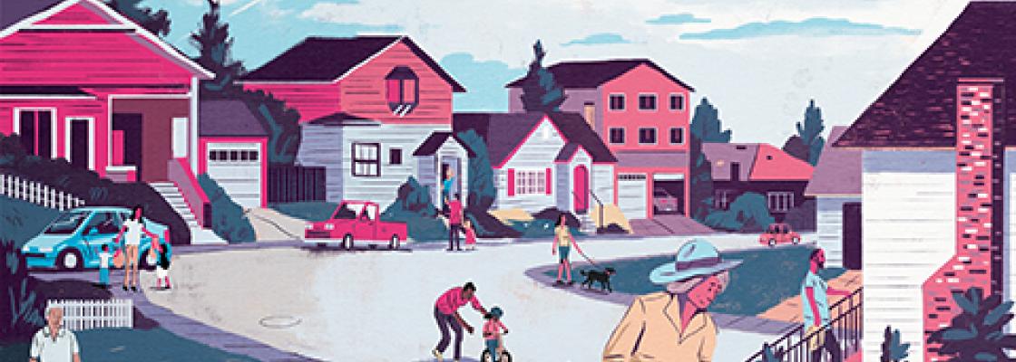 A vibrant stylized depiction of a busy residential neighborhood. In the foreground, an older woman waters her blooming flowers. Farther in the background are children playing with their dog, an adult teaching their child how to ride a bike and someone walking their dog.