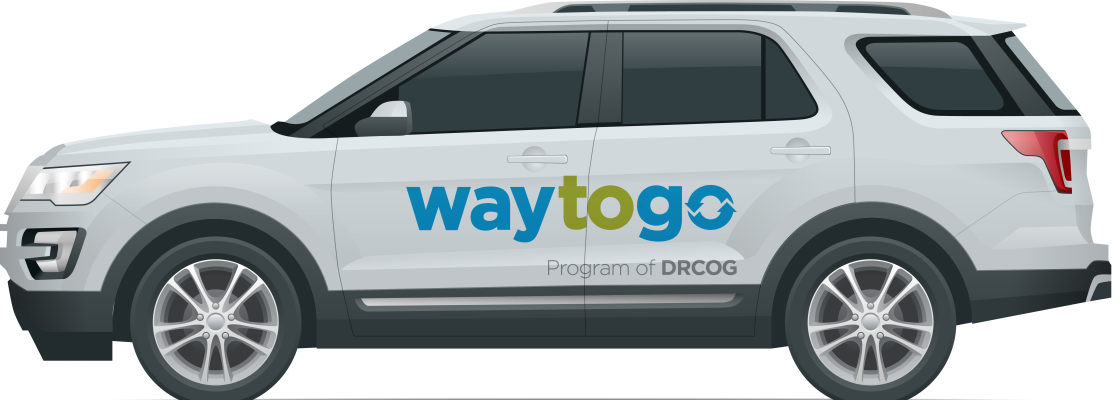 The side of a white sport utility vehicle, with the Way to Go logo.