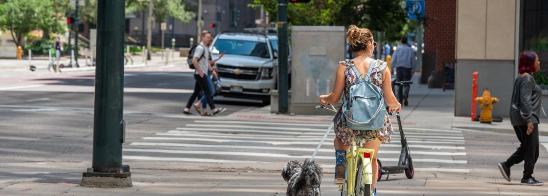 A woman ride of bicycle while walking a dog on a busy street.