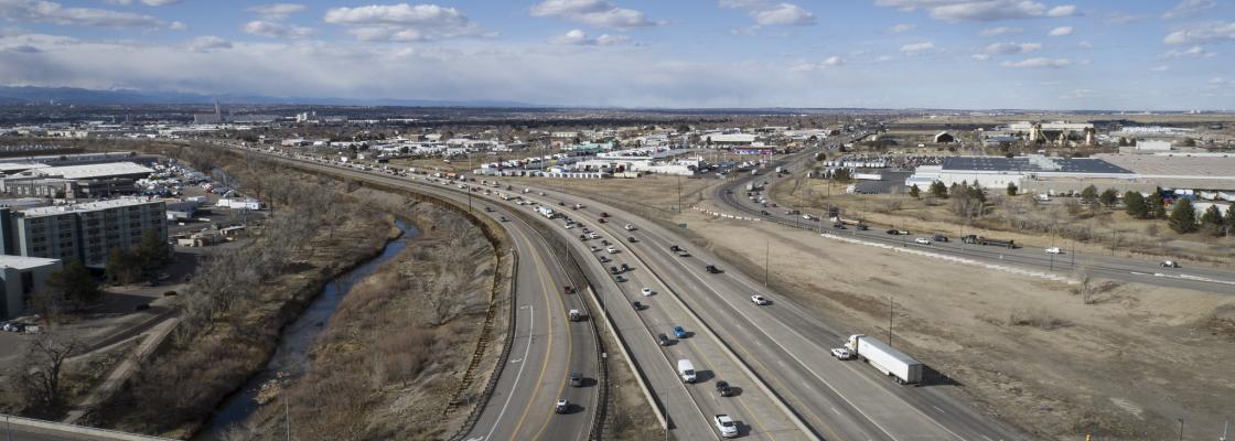 An aerial of traffic flowing on a busy interstate in Commerce City. 