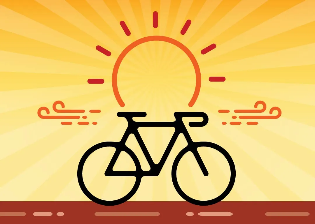 An icon depicts a bicycle beneath a radiant sun. Vibrant yellow and orange rays extend from the sun's center, symbolizing sunbeams. Lines on either side of the bicycle evoke a sense of motion.