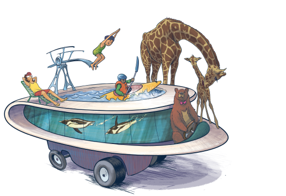 A whimsical illustration of a literal car-pool full of zoo animals including penguins and giraffes.